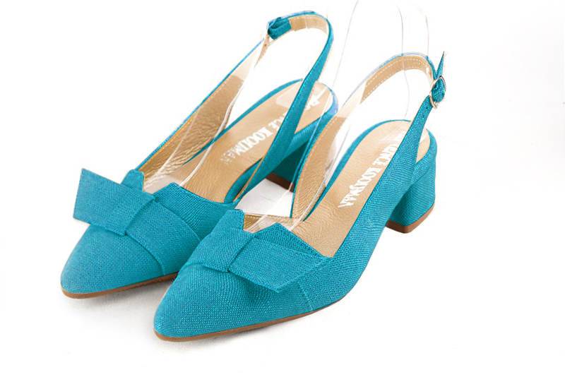 Turquoise blue women's slingback shoes. Tapered toe. Low flare heels. Front view - Florence KOOIJMAN